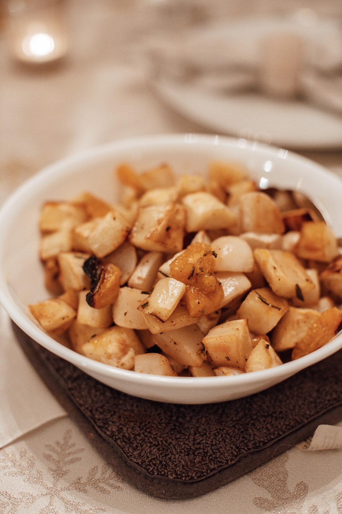 Roasted parsnips and turnips with clementines and rosemary